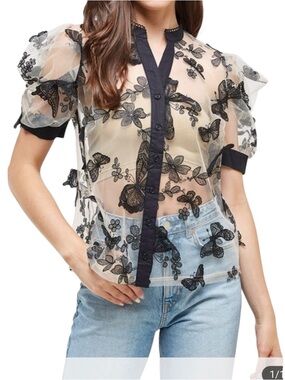 Nude & Black Puff Sleeve Mesh Floral & 3D Butterfly Button Down Blouse